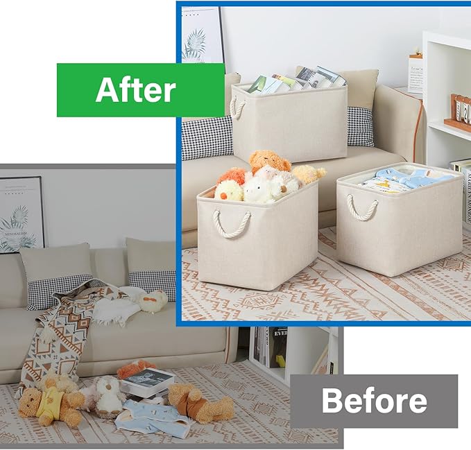 Bidtakay Large Storage Baskets for Shelves 3 Pack Fabric Storage Bins for Organizing Linen Collapsible Organizer for Closet-Light Biege-CubbioJoy