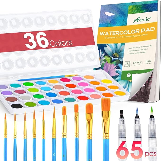 AROIC 65 Pieces Watercolor Paint Set,36 Colors Watercolor,10 Brushes,3 Refillable Water Brush Pens,16 Page Pad(8.5 * 5.5in),Profesional Watercolor Kit for Kids, Adults, Beginners-CubbioJoy