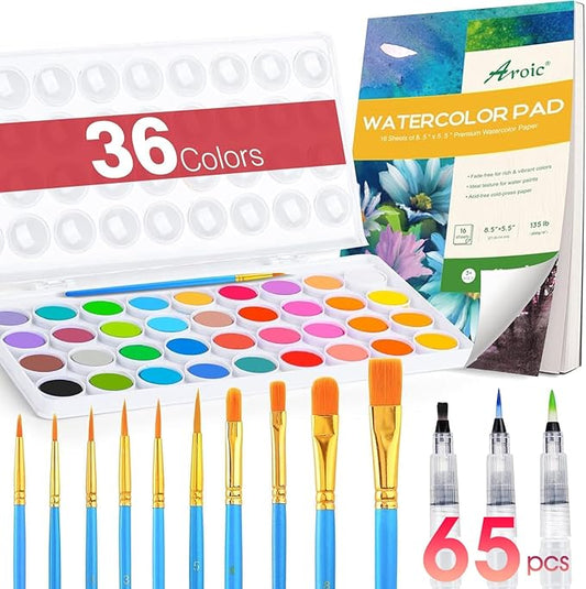 AROIC 65 Pieces Watercolor Paint Set,36 Colors Watercolor,10 Brushes,3 Refillable Water Brush Pens,16 Page Pad(8.5 * 5.5in),Profesional Watercolor Kit for Kids, Adults, Beginners-CubbioJoy