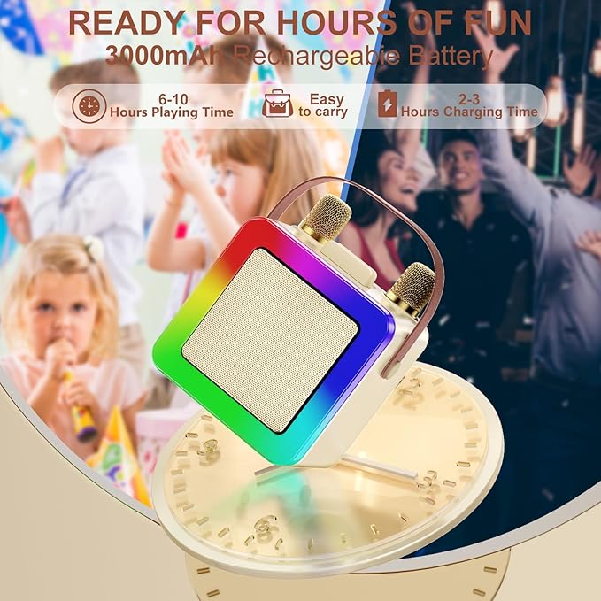 Karaoke Machine for Kids Adults, Portable Bluetooth Karaoke Speaker with 2 Wireless Microphones, Karaoke System with Mics Storage Hole and Lights, Birthday Gifts for Girls Boys Family Home Party-CubbioJoy