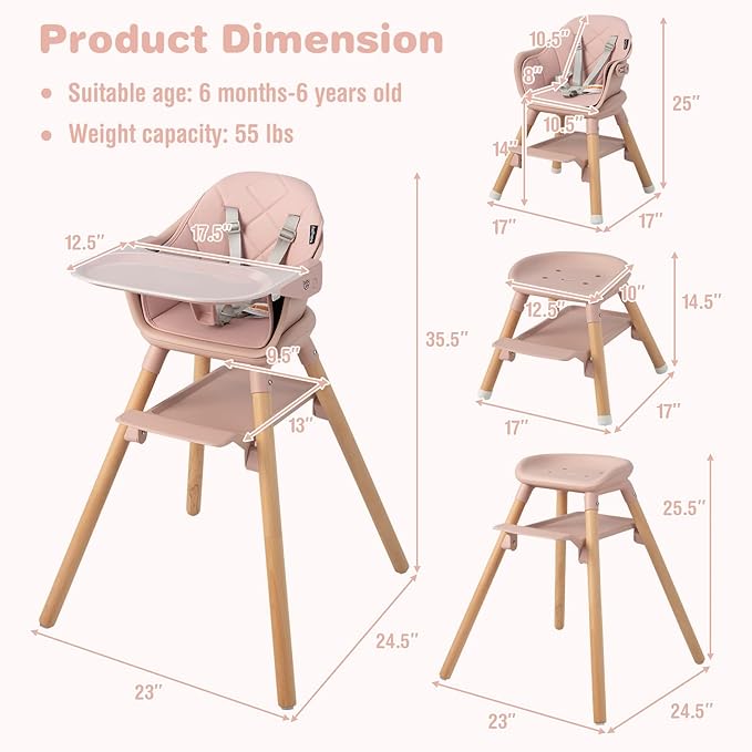 BABY JOY Baby High Chair, 6 in 1 Convertible Wooden High Chair for Babies & Toddlers with Adjustable Legs, Double Removable Tray, Safety Harness & Waterproof PU Cushion (Pink)-CubbioJoy