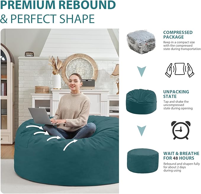 3FT Bean Bag Chair, Comfy Bean Bag Chairs with Memory Foam Filled, Fluffy Beanbag Sofa with Dutch Velvet Cover, Round BeanBag Chairs for Living Room, Playroom - Sea Blue-CubbioJoy