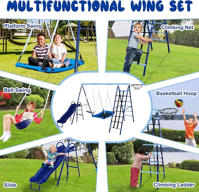 600lbs 6-in-1 Kids Swing Set, Backyard Playset with Belt & Platform Swings, Slide, Climbing Net, Basketball Hoop, Heavy-Duty A-Frame Metal Stand & 6 Anti-Tilt Stakes, Outdoor Gym for Ages 4-12-CubbioJoy