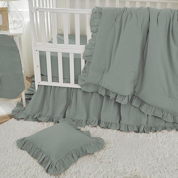 Brandream Gender Neutral Boho Bohemian Baby Girl Boy Nursery 3 Pieces Crib Bedding Set Solid Green Farmhouse Chic Ruffle Unisex Cozy 100% Washed Cotton-CubbioJoy