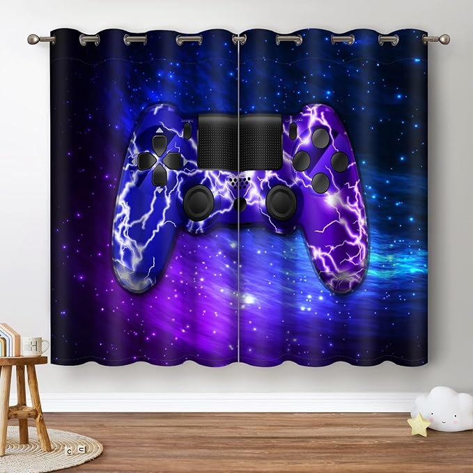 Jekeno Gamer Gaming Gamepad Blackout Curtains Kids Boys Teens Bedroom Purple Blue Video Game Controller Decor Home Living Room Darkening Grommet Window Drapes 2 Panel Set, 42"x63"-CubbioJoy