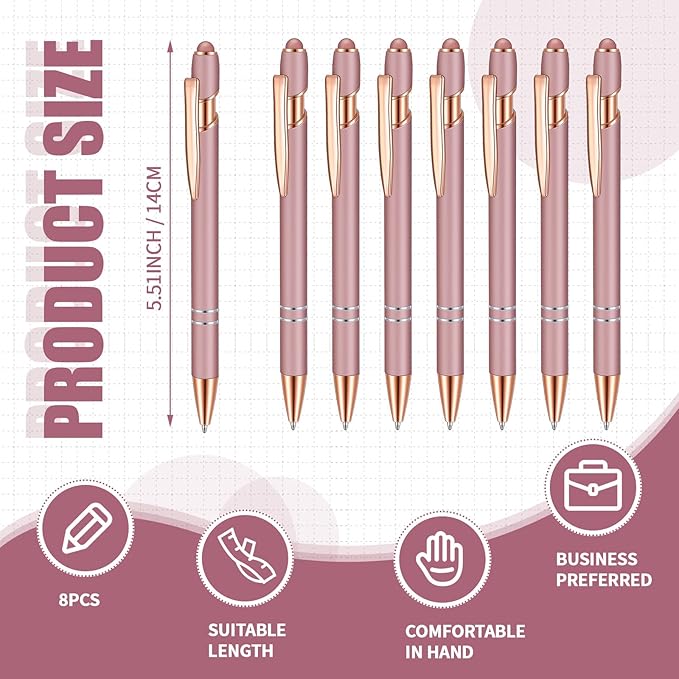 8 Pieces Ballpoint Pen with Stylus Tip Black Ink 2 in 1 Stylus Metal 1.0 mm Medium Point Smooth Pen Rainbow Colorful Rubberized Ballpoint for Touch Screen Tablet(Rose Gold)-CubbioJoy