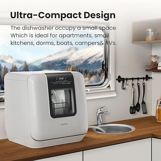 COMFEE' Countertop Dishwasher, Portable Dishwasher with 6L Built-in Water Tank, Mini Dishwasher with More Space Inside, 7 Programs, UV Hygiene& Auto Door Open, for Apartments, Dorms& RVs, White-CubbioJoy