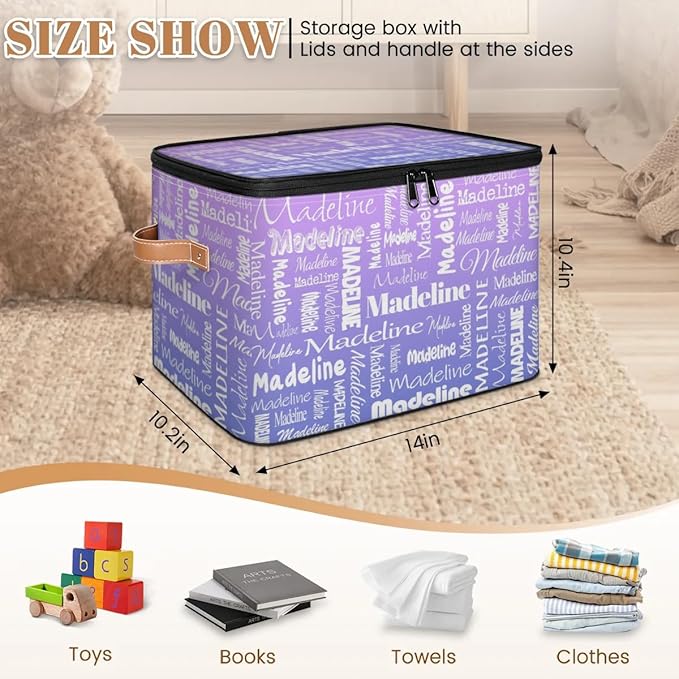 Custom Storage Basket with Name, Personalized Storage Bins with Zipper Lid, Foldable Fabric Storage Box Large capacity with Handle Purple-CubbioJoy