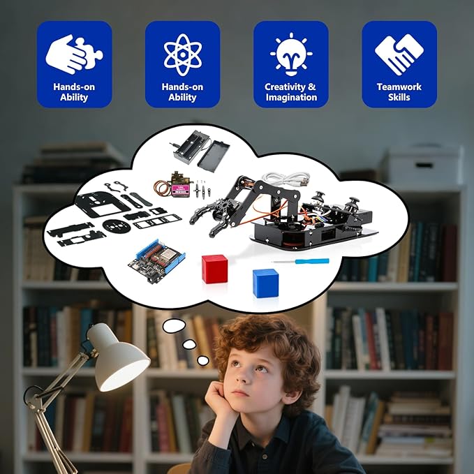 4DOF Robotic Arm Kit for Kids Compatible with Arduino IDE, Programming ESP32 Smart Robot Arm Building Kit STEM Educational Desktop Toy with Joystick and Web App Control for Children Ages 8+ and Adults-CubbioJoy