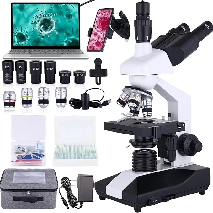 Compound Trinocular Microscope 40X-5000X Magnification, Research Grade Professional Microscope, Two Levels of Mechanical Stage LED Illumination, USB Video Camera with Microscope for Adults-CubbioJoy