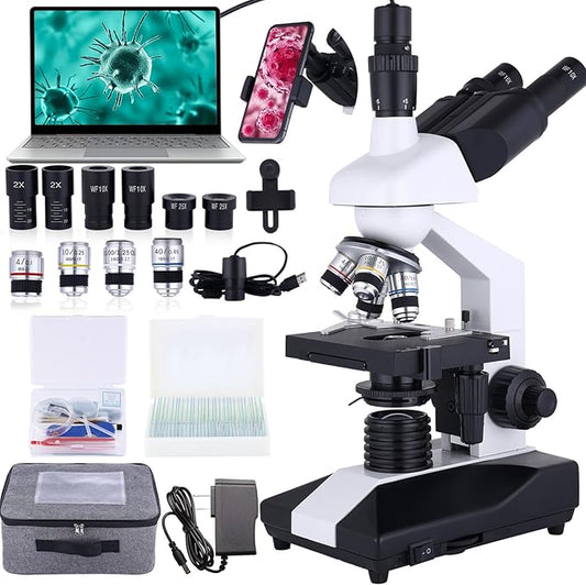 Compound Trinocular Microscope 40X-5000X Magnification, Research Grade Professional Microscope, Two Levels of Mechanical Stage LED Illumination, USB Video Camera with Microscope for Adults-CubbioJoy