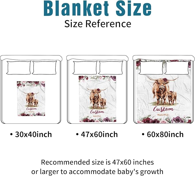 Custom Name Crib Bedding Set - Highland Cow Theme, Personalized Rose Floral Nursery Bedding 3-Piece Set– Soft Blanket, Fitted Sheet, Changing Pad Cover – for Newborns Girls Nursery Gifts-CubbioJoy