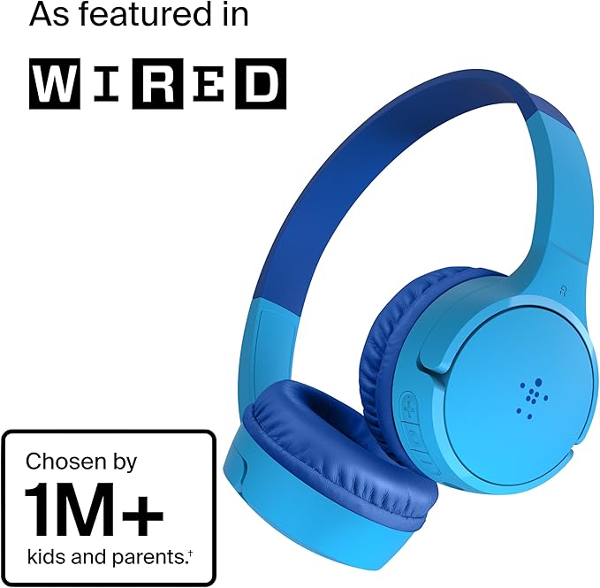 Belkin SoundForm Mini - Wireless Bluetooth Headphones for Kids with 30H Battery Life, 85dB Safe Volume Limit, Built-in Microphone - Kids On-Ear Earphones for iPhone, iPad, Fire Tablet & More - Blue-CubbioJoy