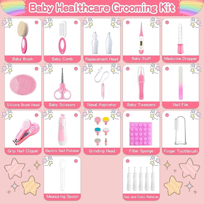 28 in 1 Baby Healthcare and Grooming Kit, Infant Baby Nursery Kit Electric Nail Trimmer Set with Gas Colic Passer Nasal Aspirator Nail Clipper Hair Brush Comb for Newborn Girls Boys (Pink)-CubbioJoy