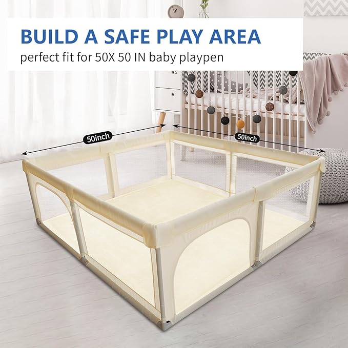 Baby Play Mat for Floor, 1.3" Thick Elasti-Foam 50x50 Playpen Mat for Toddlers Infant Kids,Water-Repellent Soft Velvet for Tummy Time, Non-Slip Backing for Crawling, Tatami Style(Vanilla)-CubbioJoy