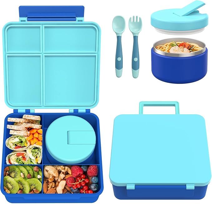 Bento Lunch Box with 8oz Soup Thermo, Kids Leakproof Lunch Food Containers with 4 Compartment, Kids Thermo Insulated Hot Food Jar for School, Trvael（Blue-CubbioJoy