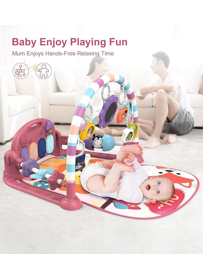 dearlomum Baby Play Mat Gym, Funny Play Piano Tummy Time Activity Mat with 5 Infant Sensory Toys, Music and Lights, Boy & Girl Gifts for Newborns 0 to 3 6 9 12 Months(New Pink)-CubbioJoy