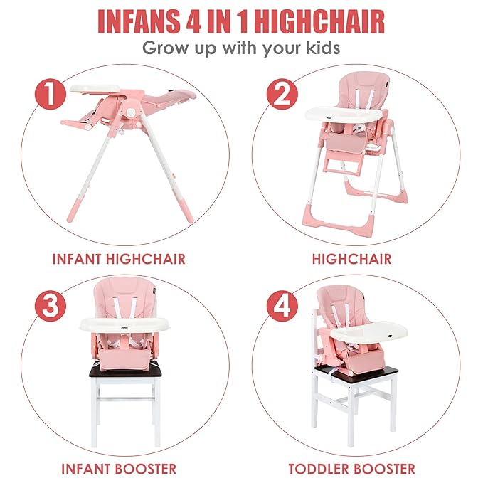 INFANS 4 in 1 High Chair–Booster Seat, Convertible Highchair w/Adjustable Height and Recline,Removable Tray,DetachableCushion, Installation-Free,Simple Fold for Baby, Infant& Toddler (Pink)-CubbioJoy