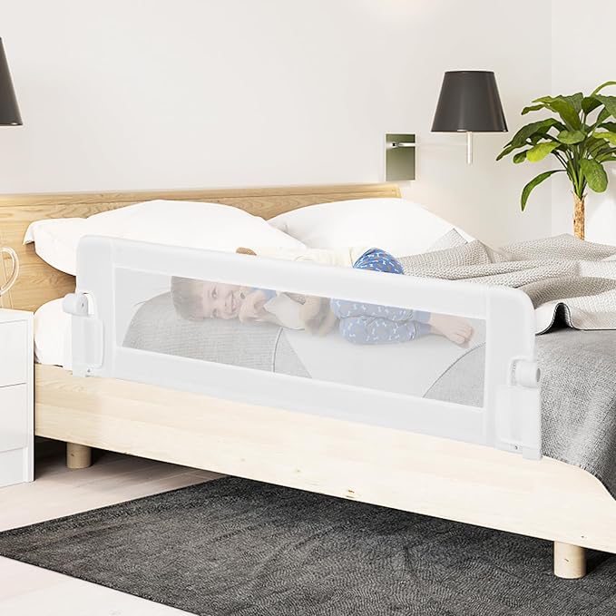 BABY JOY Bed Rails for Toddlers, Extra Long, Swing Down Safety Bed Guard for Convertible Crib, Folding Baby Bedrail for Kids Twin, Double, Full Size Queen & King Mattress (60-Inch, White)-CubbioJoy