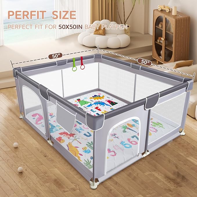 Baby Play Mat - Thicken 50x50 Inch Soft Foam Crawling Mat for Playpen & Floor, Non-Slip Waterproof Playmats for Infants & Toddlers, Portable Foldable & Machine Washable, Dinosaur & Letters-CubbioJoy