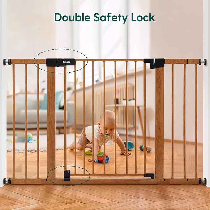 BABELIO 29-48" Metal Baby Gate with Brown Wood Pattern, Auto Close Dog Gate for The House, Stairs and Doorways, Pressure Mounted Pet Gate with Door, Safety Gate for Child and Pets-CubbioJoy