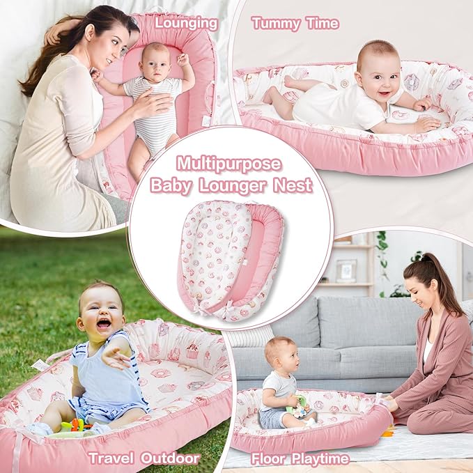 Baby Lounger - Infant Lounger for Newborn 0-24 Months, Breathable & Soft Baby Lounger Cover, Portable Infant Lounger for Home and Travel, Babies Essentials Gifts - Pink-CubbioJoy
