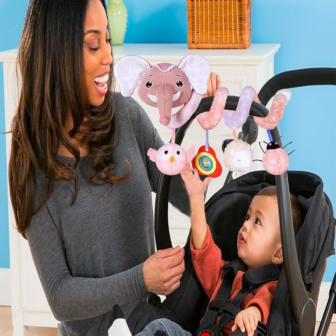 Car Seat Toys, Baby Stroller Toys Infant Spiral Hanging Toys for Crib Bar Bassinet Stroller Car Seat Mobile, Early Development Toys for Newborn Baby Girls 0 3 6 12 Months -Pink Elephant-CubbioJoy