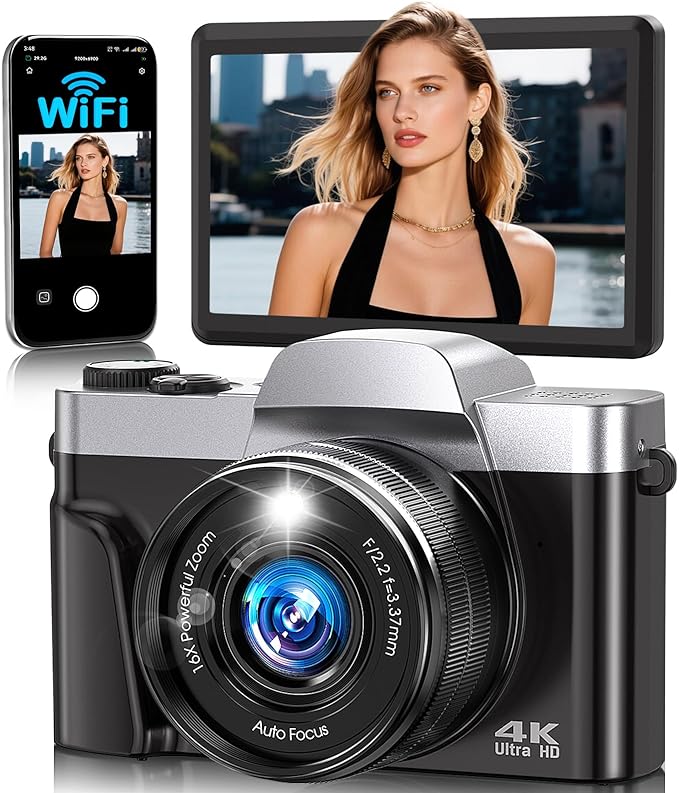 4K Digital Camera for Photography with WiFi,64MP Autofocus Vlogging Camera for YouTube,3'' 180° Flip Screen Compact Travel Camera for Teens with 32GB SD Card,16X Zoom,Anti-Shake,2 Batteries(Charcoal)-CubbioJoy