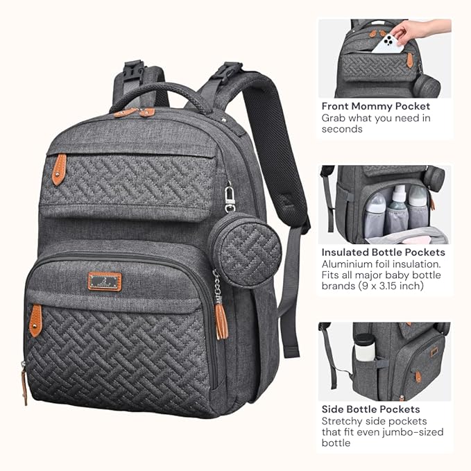BabbleRoo Diaper Bag Backpack, Travel Backpack with Changing Pad, Pacifier Case & Stroller Straps, Multifunction, Waterproof, Unisex - Dark Gray-CubbioJoy