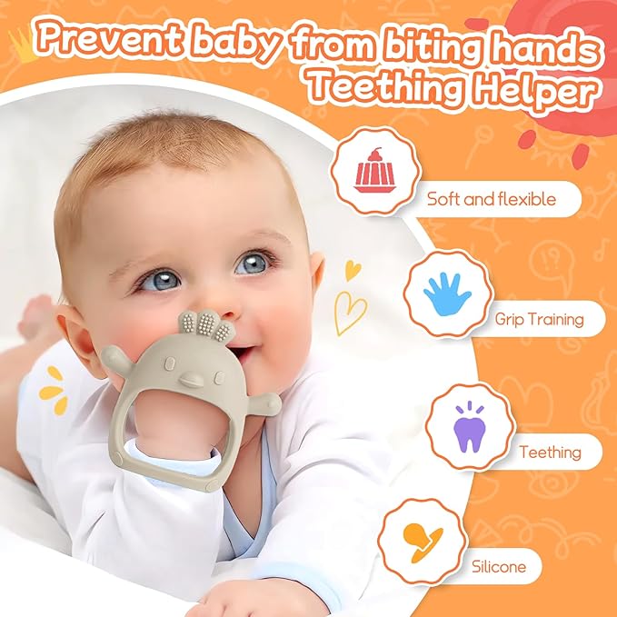 5 Packs Baby Teething Toys for Babies Over 3 Months, Food Grade Silicone Teething Mitten, Anti Dropping Wrist Hand Teethers Baby Chew Toys for Sucking Needs, BPA Free (Caramel)-CubbioJoy