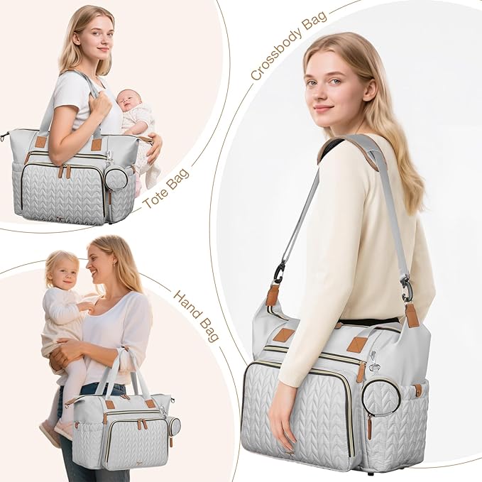 Diaper Bag Tote, Large Diaper Bags Waterproof, Hospital Bag for Labor Delivery, Baby Bag with Pacifier Case, Travel Diaper Tote with Changing Pad, Grey-CubbioJoy