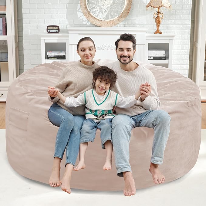 5FT Bean Bag Chair, Large Bean Bag Chairs with Memory Foam Filled, Fluffy Beanbag Sofa with Dutch Velvet Cover, Round BeanBag Chairs for Living Room, Playroom - Beige-CubbioJoy