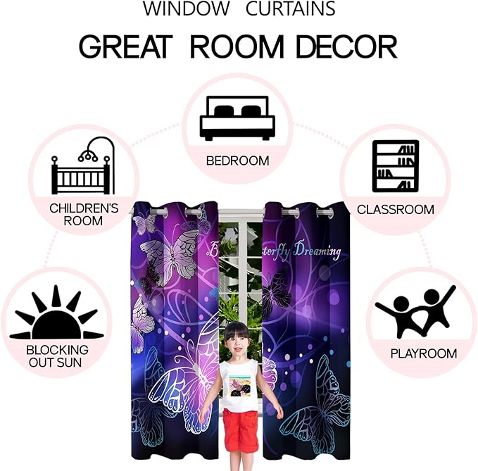 Butterfly Window Curtain Panels Purple Blackout Girls Curtains for Bedroom 2 Panels Curtains 84 inch Length for Girls Bedroom Nursery Room Grommet Top Thermal Insulated Curtains, 82" x 84"-CubbioJoy