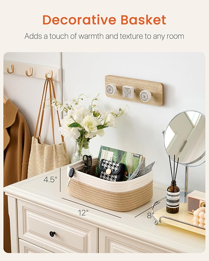 KALLAX Small Woven Basket, 12 x 8 x 4.5 Inches, Storage Basket for Organizing, Cute Small Rope Shelf Closet Cube Storage Bins Baskets for Shelves, Dog Toy Gift Baskets Empty, 3 Pack White & Brown-CubbioJoy