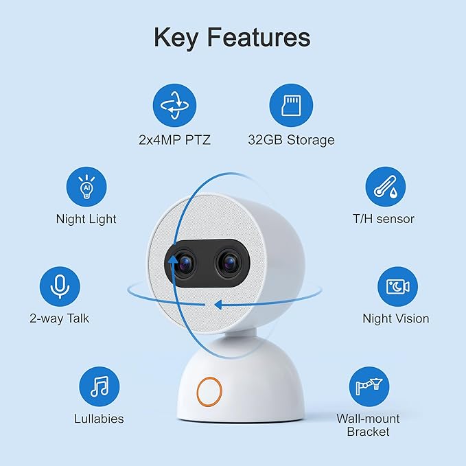 Simsky Smart Baby Monitor with 2×4MP Camera, 6X Optical Quality Zoom, 32GB Local Storage, AI Tracking, Intelligence Detection, Pan-Tilt-Zoom, Add-on Camera Monitor-CubbioJoy