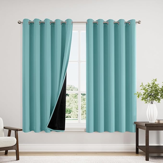 ChrisDowa 100% Blackout Curtains 63 inch Long for Bedroom with Black Liner, Extra Wide 2 Thick Layers Total Blackout Thermal Insulated Grommet Window Curtains 2 Panels Set (Aqua, 60 x 63 Inch)-CubbioJoy