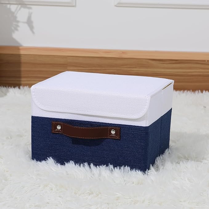 ANMINY Storage Boxes with Lids Washable Decorative Storage Bins Basket with PU Leather Handle Foldable Linen Fabric Storage Cubes Containers for Home Closet Organizer - Deep Blue White, Small Size-CubbioJoy