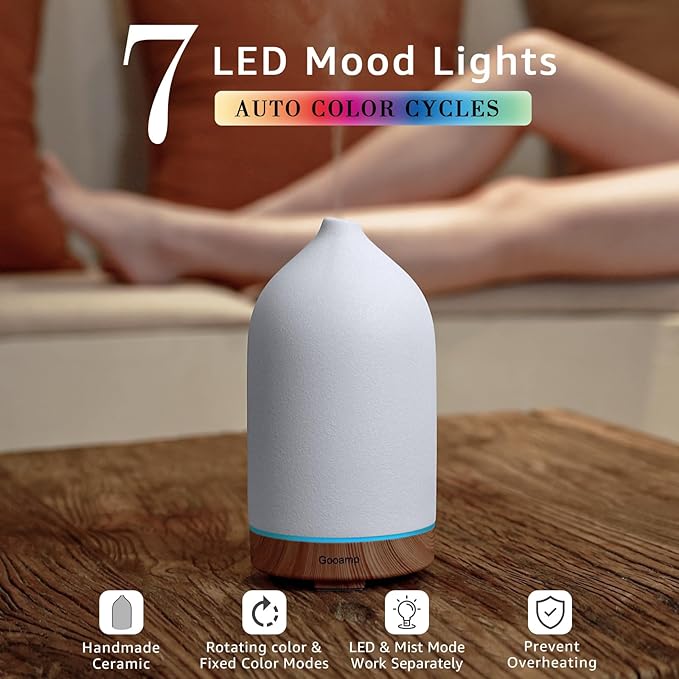 200ML Ceramic Essential Oil Diffuser - Ultrasonic Aromatherapy & Humidifier with 7-Color LED Lights, Auto Shut-Off, Wood Grain Base, 1H/3H/6H Timer | Scent for Home, Office, Yoga-CubbioJoy