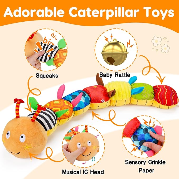 Baby Sensory Caterpillar Toys 0-3 Month Music Animal Stuffed Plush Toy for Infant 0-3-6-12 Month Tummy Time with Crinkle Rattle for Newborn 9-12 Month Texture Toy for Boy Girl Birthday Shower 1-CubbioJoy