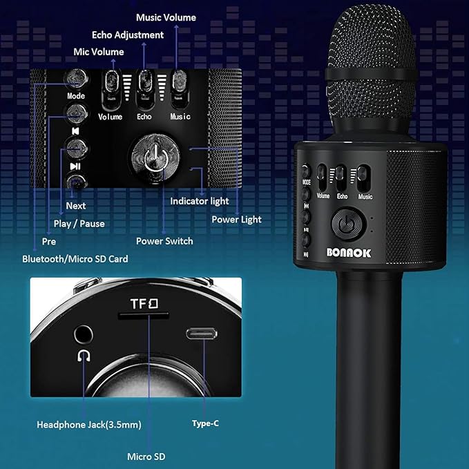 BONAOK Wireless Bluetooth Karaoke Microphone,3-in-1 Portable Handheld Karaoke Mic Speaker Machine Home Party Birthday for All Smartphones Q37 (Black)-CubbioJoy