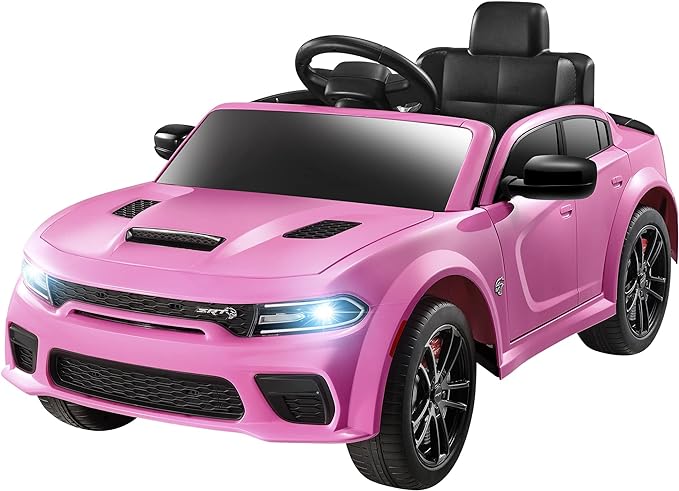 12V 7Ah Kids Electric Ride on Car, Licensed Dodge Charger SRT Hellcat, Battery Powered 4-Wheels Toy Car Electric Vehicle for Kids with Remote Control, 3 Speeds, LED Lights, Music (Pink)-CubbioJoy