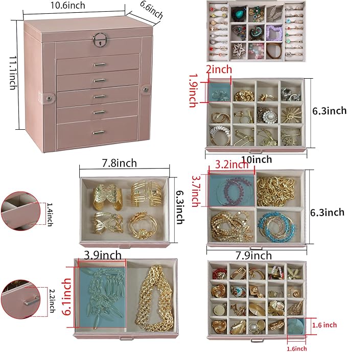 BOOVO Jewelry Box For women, 6 Layer Large Jewelry Organizer With Mirror, Multi-Function Storage Box With Lock, Accessory Holder With 5 Drawers, For Earrings Necklace Ring Bracelet (Rose Gold)-CubbioJoy
