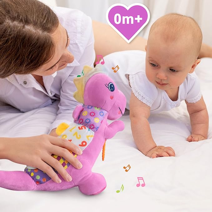Baby Dino Plush Soft Stuffed Animal Toy for 0-3-6-12+ Months,Infant Musical Toy with Rattle,Squeaker,Sensory Crinkle,Teether & Textures,Toys for Christmas Baby Gift for Newborn Girl Boy (Purple)-CubbioJoy