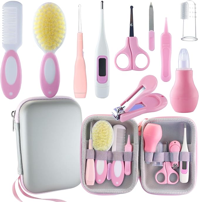 Baby Grooming Kit, Baby Essentials for Newborns, Portable Baby Care Kit, Contains Baby Nail Clippers, Baby Comb, Baby Brush, Baby Ear Wax Removal Tool and More (10 in 1) (Pink)-CubbioJoy