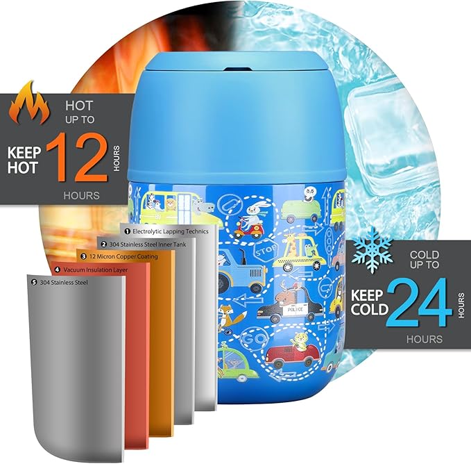 17 oz Insulated Lunch Containers Hot Food Jar, Wide Mouth Lunch Thermo for Kids Adults, Vacuum Stainless Steel Lunch Box With Handle Folding Spoon for School, Office Blue - Car-CubbioJoy