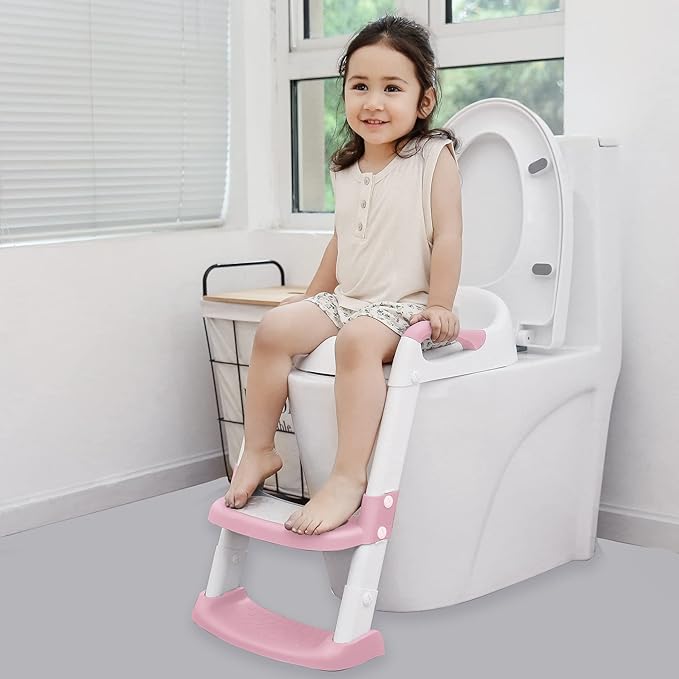 JASSONE® Potty Training Seat, Toddler Step Stool, 2 in 1 Potty Training Toilet for Kids, Baby Seat with Splash Guard and Anti-Slip Pad for Boys Girls Potty Training, BabyPink-CubbioJoy