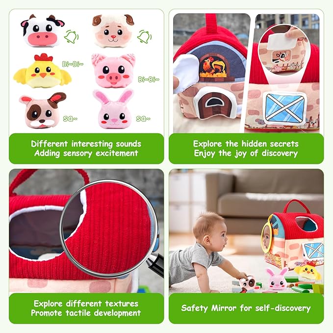 Baby Toys 6-12 Months, Soft Barn Toy with 6 Stuffed Farm Animals, Rattle, Crinkle, Mirror, Sensory Toys for Toddlers 1-3, 6 7 8 9 10 Month Old Baby Toys, Montessori Toys Gift for 1 Year Old Boy Girl-CubbioJoy