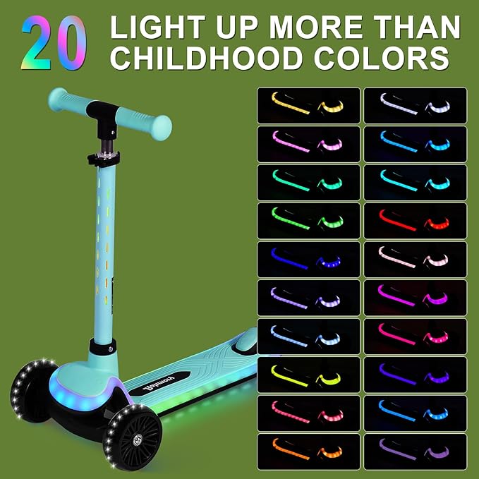 3-Wheel Light-Up Kids Scooter, 20 Different Light Patterns,Three Adjustable Heights,Lean to Steer, Balance Scooter for Ages 3-8-CubbioJoy