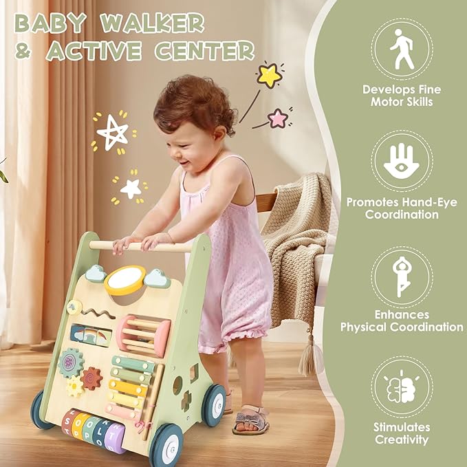 Baby Push Walker, Wooden Baby Walker with Wheels, Montessori Push Walker for Babies 6-12 Months, Push Walking Toys for Boys&Girls 1 Year Old, Gifts for Toddler-CubbioJoy