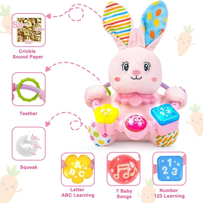 Baby Rabbit Musical Stuffed Animals Toy,Infant Bunny Bilingual Early Learning Education Toy with Light-Up Music & Crinkle,1st Easter Basket Shower Stuffers for 0 1 2 3 6 9 12 18 Month Girl,Pink-CubbioJoy